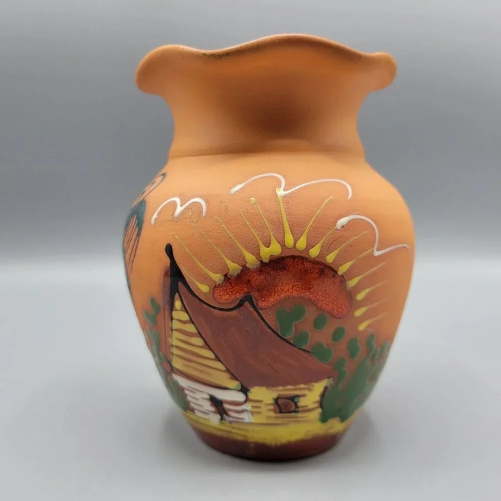Vintage Hand Painted Terracotta Vase Scenic Design Flared Rim Signed Punta Cana - Picture 3 of 13